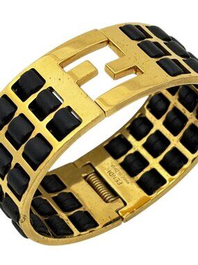 Fendi Zucca Logo Bangle Bangles Leather Gold Black